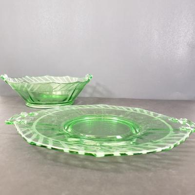 LOT 65: Green Depression Glass Etched Bowl & Plate Set