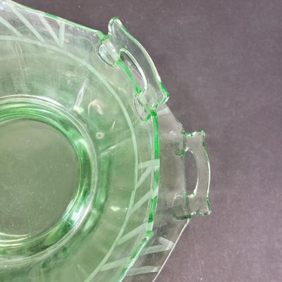 LOT 65: Green Depression Glass Etched Bowl & Plate Set