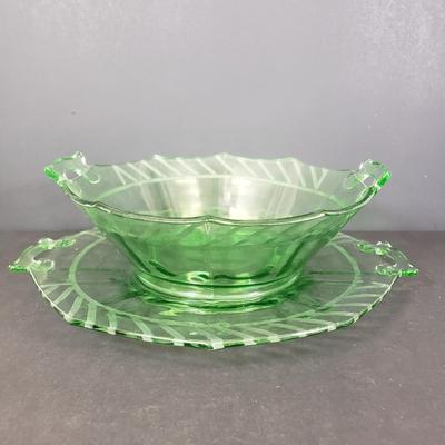 LOT 65: Green Depression Glass Etched Bowl & Plate Set