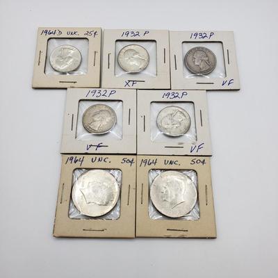 LOT 79: U.S. Coins-90%Silver; Two 1964 Kennedy Half Dollars & Silver Quarters 1932(4) & 1964