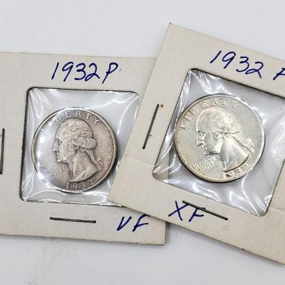 LOT 79: U.S. Coins-90%Silver; Two 1964 Kennedy Half Dollars & Silver Quarters 1932(4) & 1964