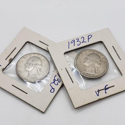 LOT 79: U.S. Coins-90%Silver; Two 1964 Kennedy Half Dollars & Silver Quarters 1932(4) & 1964