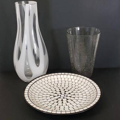 LOT 94: Vintage Handmade in Poland Watra Alicja Art Glass Vase 15.5", Crackle glass & Mosaic Console Bowl Made in Denmark