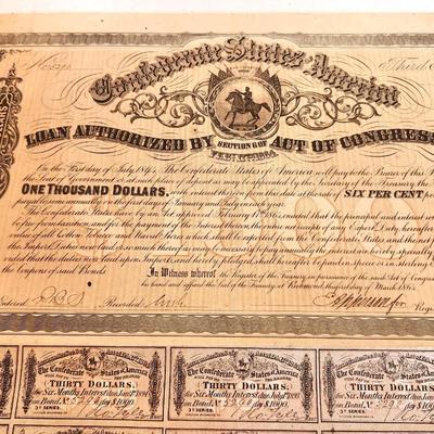 Lot #236 Confederate $1000 Bond - 2 coupons missing