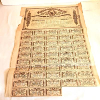 Lot #236 Confederate $1000 Bond - 2 coupons missing