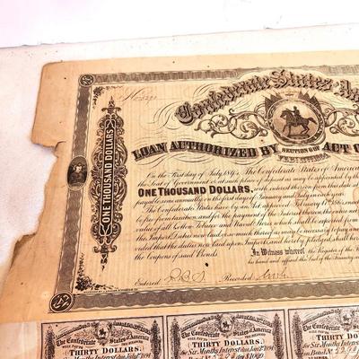 Lot #236 Confederate $1000 Bond - 2 coupons missing