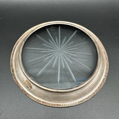Sterling Silver & Cut Glass Vanity Jar with Sterling Rim Glass Coaster