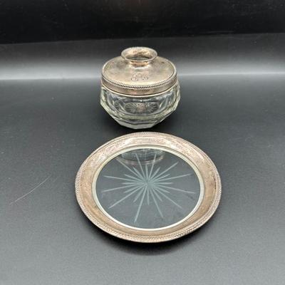 Sterling Silver & Cut Glass Vanity Jar with Sterling Rim Glass Coaster