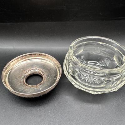 Sterling Silver & Cut Glass Vanity Jar with Sterling Rim Glass Coaster
