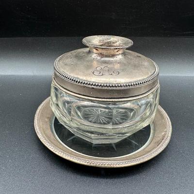 Sterling Silver & Cut Glass Vanity Jar with Sterling Rim Glass Coaster