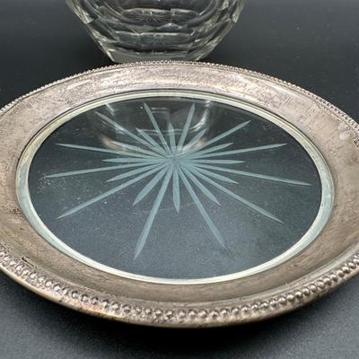 Sterling Silver & Cut Glass Vanity Jar with Sterling Rim Glass Coaster