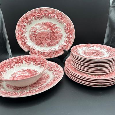 Alfred Meakin Staffordshire “The Courtship” Red Transferware Dinnerware & Serving