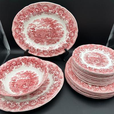 Alfred Meakin Staffordshire “The Courtship” Red Transferware Dinnerware & Serving