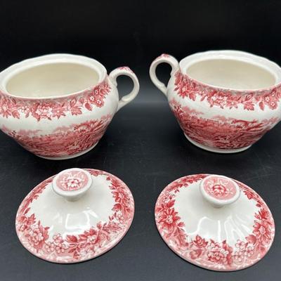 Alfred Meakin Staffordshire “The Courtship” Red Transferware Tea Service