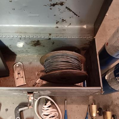 METAL TOOL BOX, SOLDERING, WIRE AND TOOLS