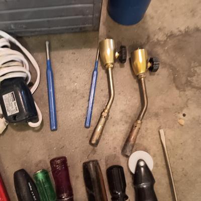 METAL TOOL BOX, SOLDERING, WIRE AND TOOLS