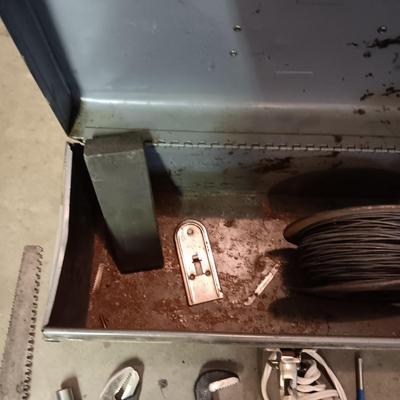 METAL TOOL BOX, SOLDERING, WIRE AND TOOLS