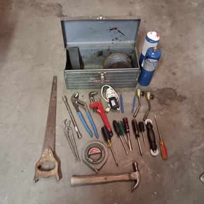 METAL TOOL BOX, SOLDERING, WIRE AND TOOLS