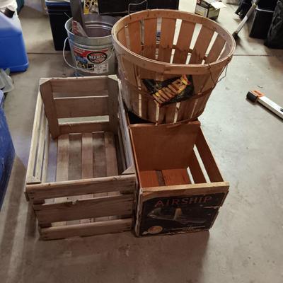2 WOODEN CRATES AND A BUSHEL BASKET