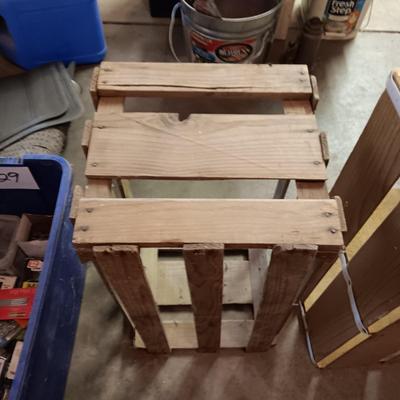 2 WOODEN CRATES AND A BUSHEL BASKET