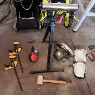 TABLE SAW ROLLER, CLAMPS, CIRCULAR SAW, KNEE PADS AND MORE