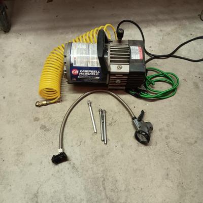 CAMPBELL HAUSFELD COMPRESSOR, GAUGE, TIRE PRESSURE CHECKERS AND BUNGEE CORDS