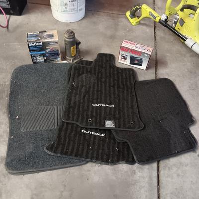 NEW AND LIKE NEW AUTO FLOOR MATS, BATTERY CHARGER MAINTAINER, BOTTLE JACK AND A COMPRESSOR