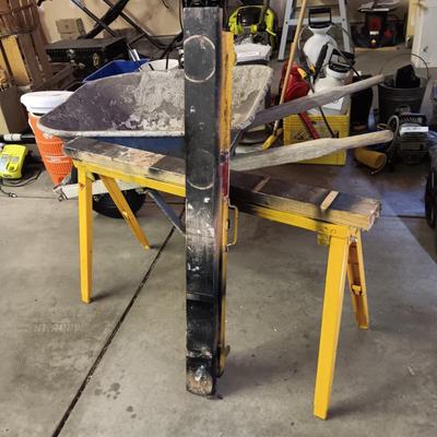 PAIR OF FOLDING METAL ADJUSTABLE HEIGHT SAW HORSES AND A WHEEL BARROW