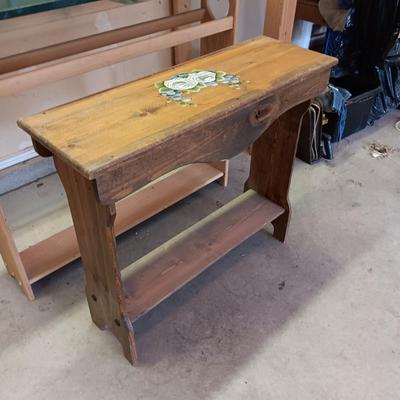 MODIFIED AFGHAN HOLDER AND HAND PAINTED SIDE TABLE