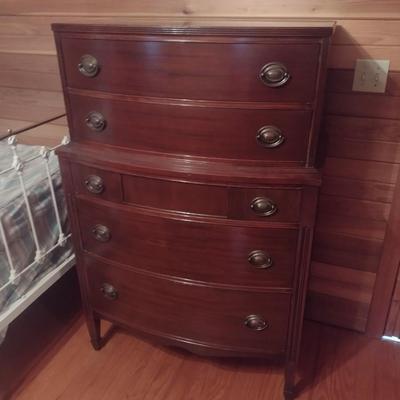 Vintage Mahogany Tall Boy Five Drawer Dresser