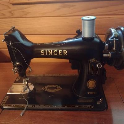 Antique Electric Singer Model 99-K Cast Body Sewing Machine with Cabinet