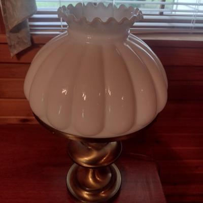 Vintage Brass Base Table Lamp with Milk Glass Shade