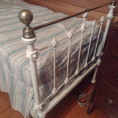 Antique Decorative Cast Iron Twin Sized Bed with Brass Accent Finial and Top Rail with Mattress Set