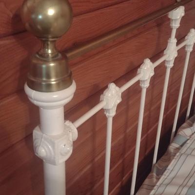 Antique Decorative Cast Iron Twin Sized Bed with Brass Accent Finial and Top Rail with Mattress Set