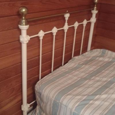Antique Decorative Cast Iron Twin Sized Bed with Brass Accent Finial and Top Rail with Mattress Set