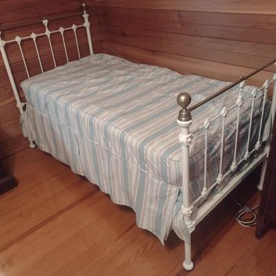 Antique Decorative Cast Iron Twin Sized Bed with Brass Accent Finial and Top Rail with Mattress Set