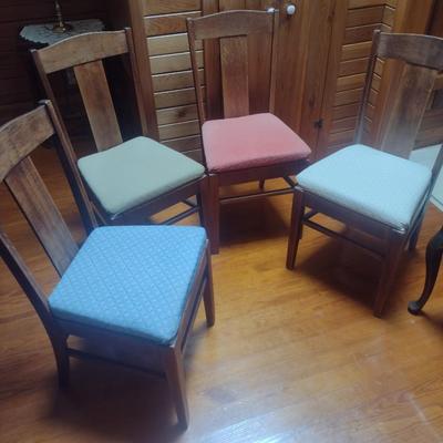 Set of Four Antique Oak Dining Chairs with Upholstered Seat