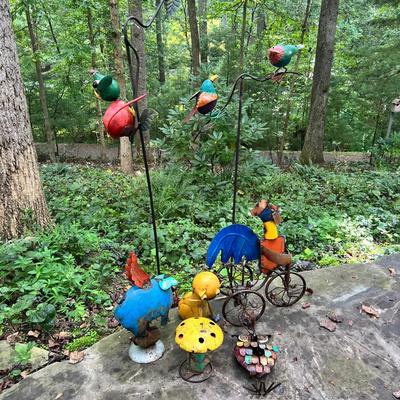 Recycled Metal Rooster Tricycle Planter, Pendulum Stakes & More (BY-RG)