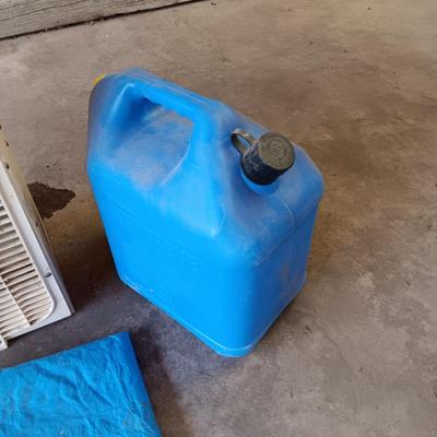 BOX FAN, BOLT CUTTERS, 3 SMALLER TARPS, KEROSENE CONTAINER, MITER SAW AND HARD HAT