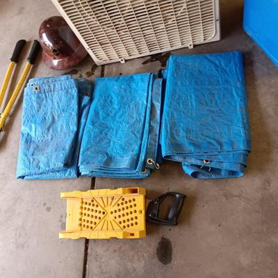 BOX FAN, BOLT CUTTERS, 3 SMALLER TARPS, KEROSENE CONTAINER, MITER SAW AND HARD HAT