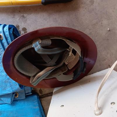 BOX FAN, BOLT CUTTERS, 3 SMALLER TARPS, KEROSENE CONTAINER, MITER SAW AND HARD HAT