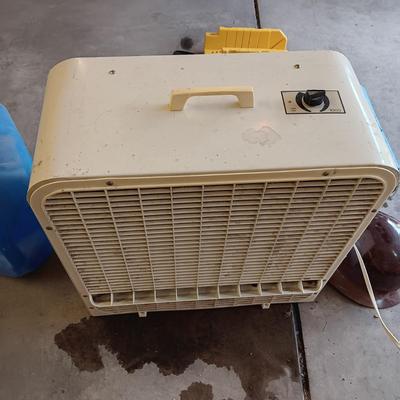 BOX FAN, BOLT CUTTERS, 3 SMALLER TARPS, KEROSENE CONTAINER, MITER SAW AND HARD HAT