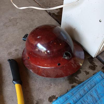 BOX FAN, BOLT CUTTERS, 3 SMALLER TARPS, KEROSENE CONTAINER, MITER SAW AND HARD HAT