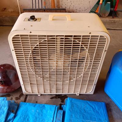 BOX FAN, BOLT CUTTERS, 3 SMALLER TARPS, KEROSENE CONTAINER, MITER SAW AND HARD HAT
