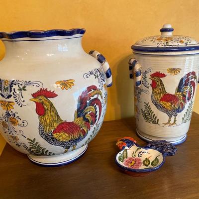 Large rooster base and canister with spoon holder