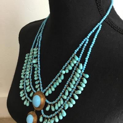 Vintage art, deco, turquoise/brass, sun beaded, multi strand statement, necklace Egyptian revival