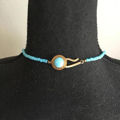 Vintage art, deco, turquoise/brass, sun beaded, multi strand statement, necklace Egyptian revival