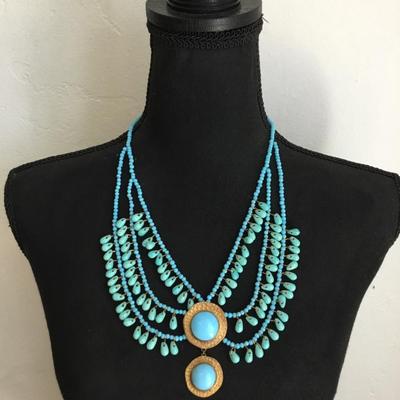 Vintage art, deco, turquoise/brass, sun beaded, multi strand statement, necklace Egyptian revival