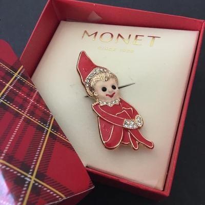 Monet cute Christmas elf brooch new in box