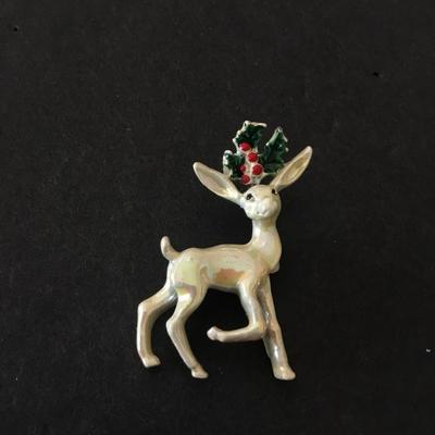 Vintage white enamel Christmas holiday reindeer, pin brooch
